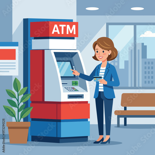 A digital illustration of a woman engaging with an ATM in a contemporary banking setting, highlighting financial technology and accessibility in everyday life.