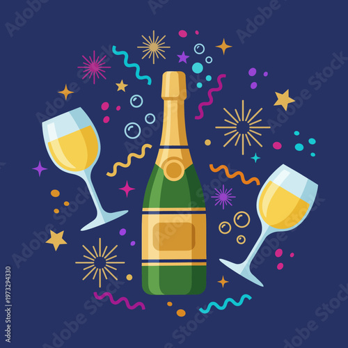 An energetic and festive illustration featuring a bottle of champagne and two glasses surrounded by colorful confetti and sparkles, symbolizing joyful celebrations and festivities.