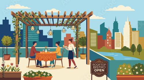 A charming illustration of a rooftop bistro scene, showcasing happy diners enjoying their meal in a beautifully landscaped space with urban skyline views and vibrant ambiance.