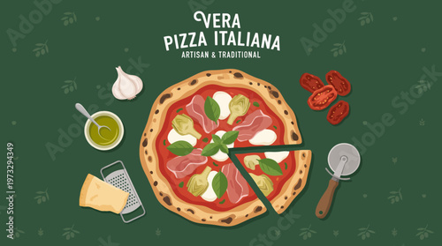 A visually appealing Italian pizza topped with fresh ingredients like basil and cured meats, set against a rich green background, epitomizing culinary artistry and tradition.