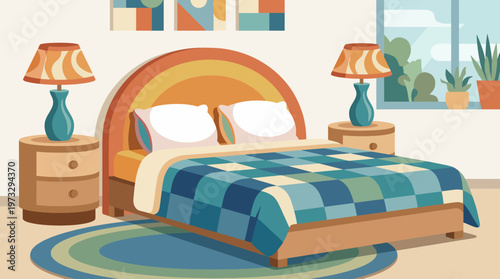 This image features a vibrant, cozy bedroom designed with a colorful bedspread and cheerful decor, offering a relaxing and inviting ambiance for restful nights.