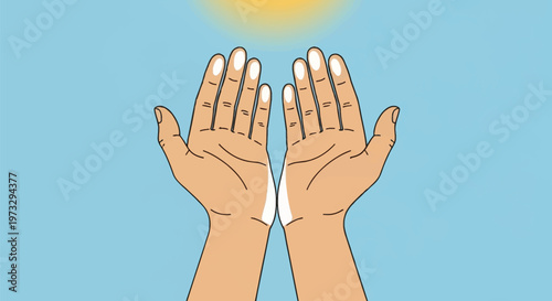 Pair of open hands reaching up towards a glowing light.