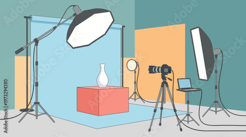 A well-equipped photography studio featuring lighting, a camera, and a backdrop, ready for creative shoots, illustrating professionalism and artistic expression in photography.