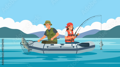 This vibrant image features two individuals happily fishing in a kayak, showcasing moments of adventure and bonding in nature surrounded by beautiful scenery.