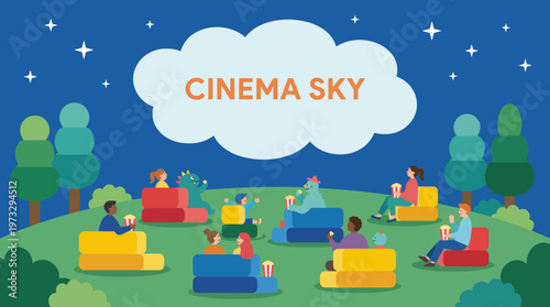 A peaceful outdoor cinema setting featuring a diverse group of people enjoying movies together under a starry sky, showcasing community and relaxation in nature.