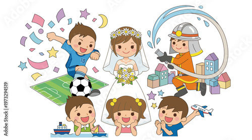 A vibrant illustration showcasing children engaged in different activities, from soccer to weddings, celebrating the joy and innocence of childhood in various scenarios.