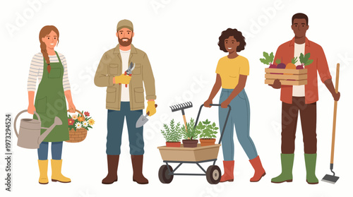 An illustration depicting a diverse group of individuals gardening, depicting teamwork and nurturing, emphasizing the connection between humans and nature in a vibrant setting.