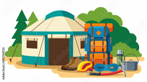 An illustration of essential camping gear set against a lush background, highlighting outdoor adventure and the beauty of nature for those seeking to explore and connect with it.