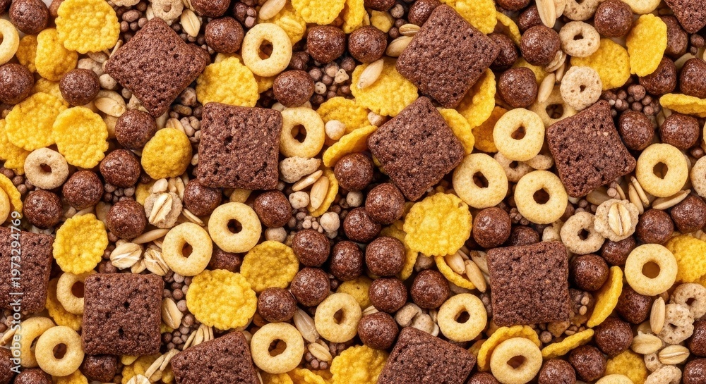 Fototapeta premium Assortment of breakfast cereals, a mix of chocolate squares, corn flakes, and oat rings.