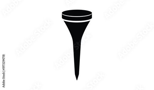 A simple stark black and white silhouette depicts a golf tee standing vertically with a conical shape and a short base high quality professional