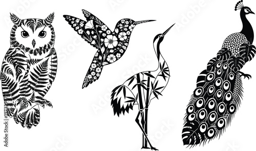 Stylized black and white artwork of an owl, hummingbird, crane, and peacock, line art, various birds, white background