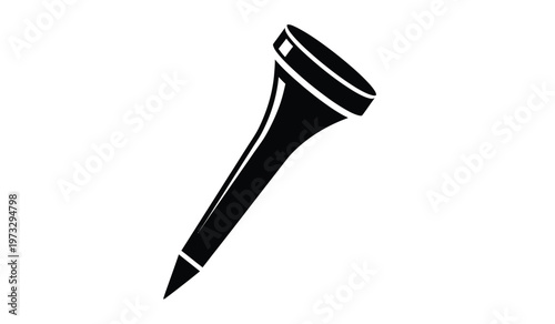 A minimalist black and white illustration depicts a solitary golf tee angled diagonally against a plain white background showcasing its simple form high quality