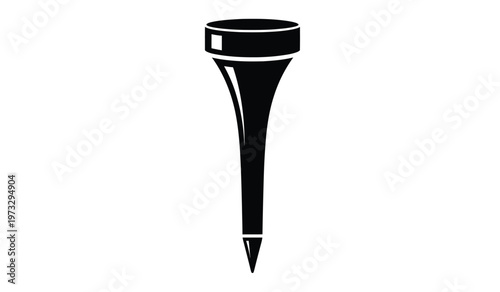 A stark black and white depiction showcases a solitary golf tee vertically oriented against a clean expansive white background emphasizing its form high quality