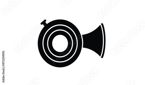 A simple black and white illustration depicts a vintage style bugle or horn featuring concentric circles and a flared bell on a white background