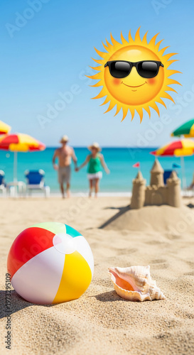 Sandy beach scene with a beach ball, shell, and sandcastle, under a cartoon sun with sunglasses, representing vacation, leisure, and summer fun