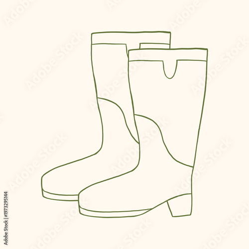 Vector hand drawn illustration pair of rubber boot in minimalist line art style with outline. Monochrome doodle for gardening and weather graphic. Farming and agriculture clipart.