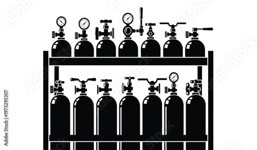 A black and white illustration depicts a shelf filled with multiple industrial gas cylinders each equipped with gauges and valves high quality professional detailed