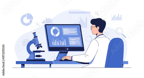Scientist analyzing data on computer with microscope in modern laboratory, science research concept