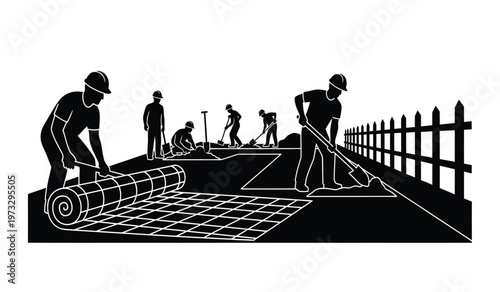 A black and white illustration depicts a team of construction workers collaboratively installing artificial turf on a field high quality professional detailed modern elegant