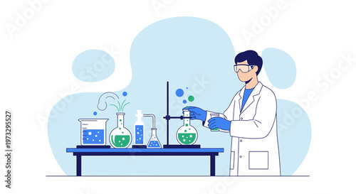 Scientist conducting experiment in laboratory with colorful chemical reactions