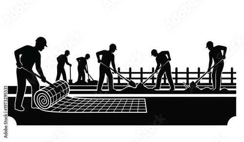 A monochrome illustration depicts a team of workers collaboratively laying down a rolled out grid material on a surface showcasing construction high quality professional