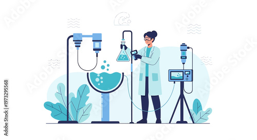 Scientist conducting experiment in laboratory with modern equipment and blue liquid