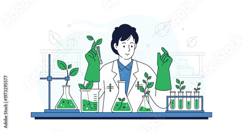 Scientist conducts plant research in laboratory, studying growth in test tubes and flasks.