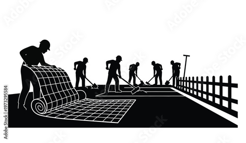 A black and white illustration depicts a group of workers installing a large roll of artificial turf onto the ground high quality professional detailed