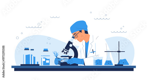 Scientist Examining Plant Under Microscope in Laboratory, Science Research Concept