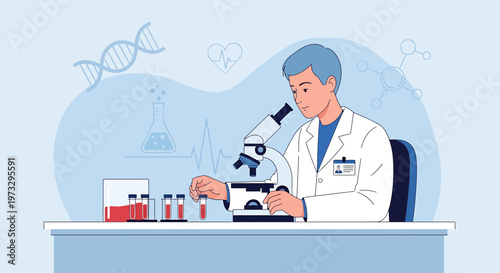 Scientist examining blood sample under microscope in laboratory, DNA and heart icons