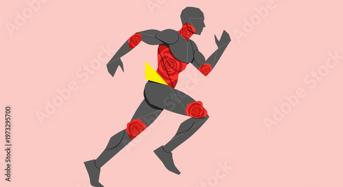Runner with highlighted pain points in joints and muscles.