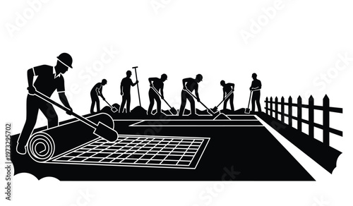 A black and white illustration shows a team of workers installing a large roll of turf constructing a lawn with precision high quality professional