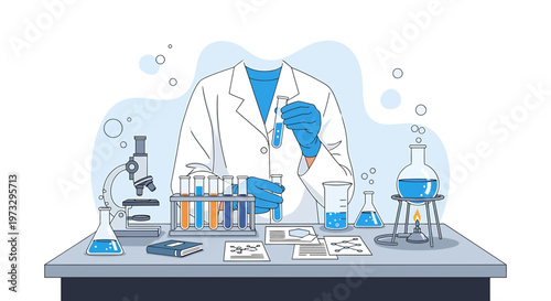 Scientist in lab coat conducting experiment with test tubes, microscope, and beakers