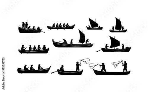 Traditional Boats and Fishing Scenes Vector Illustration