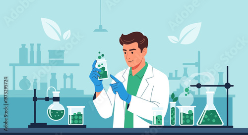 Scientist in Lab Coat Examining Green Substance in Flask, Biotechnology Research