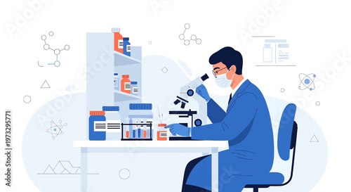 Scientist in lab coat using microscope, conducting research with test tubes and beakers