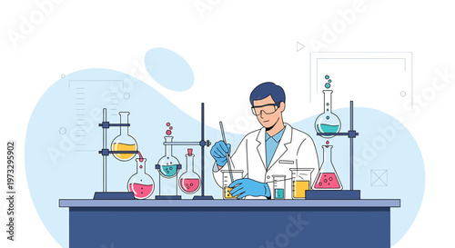 Scientist working in laboratory with colorful liquids in beakers and flasks
