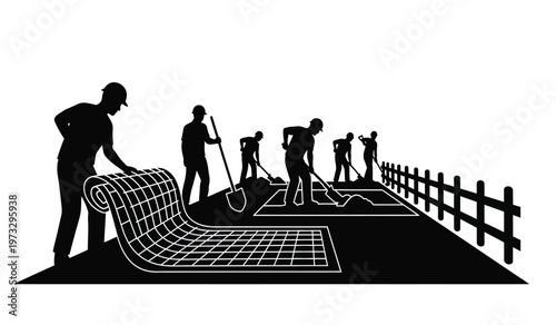 A black silhouette depicts a group of workers laying turf on a rectangular lawn with a picket fence bordering it high quality professional detailed