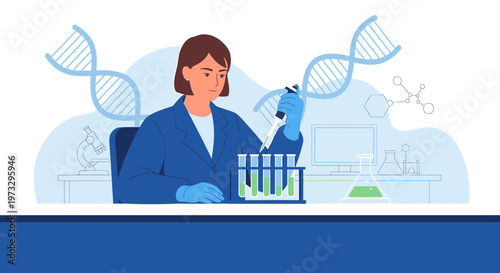 Scientist working with DNA and test tubes in a modern laboratory, science research concept