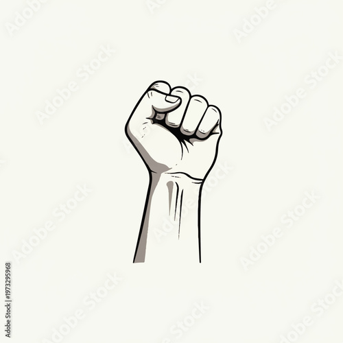 Bold graphic of a determined human fist, clenched and raised in a gesture of unity and empowerment, embodying strength, defiance, and a call for social change
