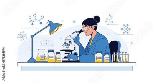 Scientist working with microscope in laboratory, conducting research with test tubes and flasks