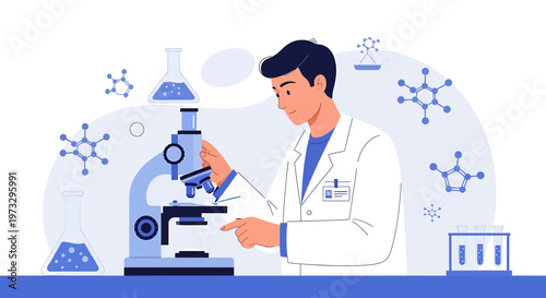Scientist working with microscope in laboratory, research and discovery concept