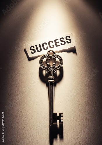 Key to success on a wall with a spotlight shining on it