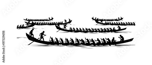 Traditional Outrigger Canoes Racing in Ocean Waves