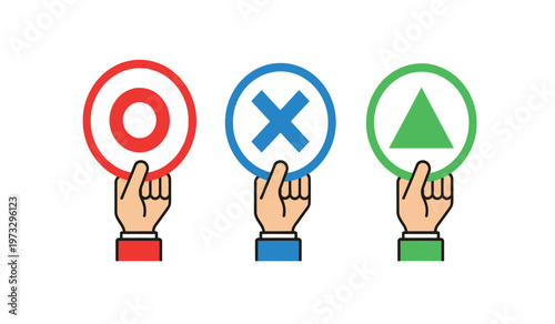 Three hands are shown holding circular signs displaying a checkmark an x and a triangle representing approval rejection and progress high quality professional detailed