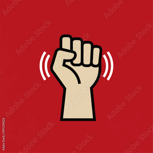 Dynamic illustration of a powerful clenched fist symbol, radiating lines conveying strength, determination, and unity, ideal for protest, activism, or empowerment concepts on a red background