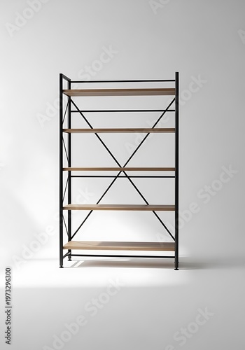 Modern black metal and wood shelving unit with five shelves