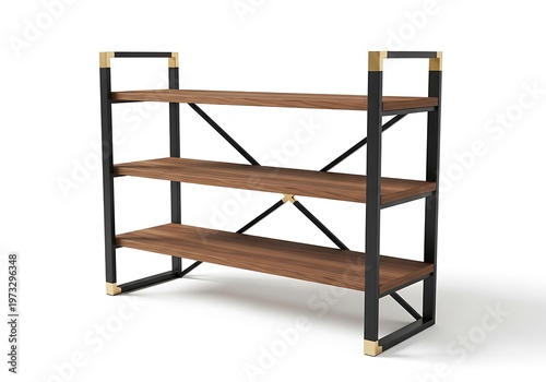 Modern black metal and wood three tier shelving unit with gold accents