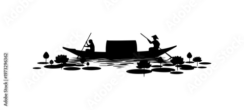 Silhouette of Two People Rowing a Boat on a Lotus Pond