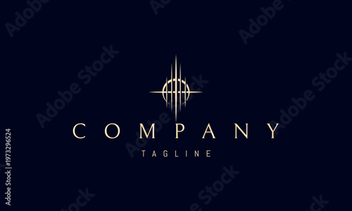 A vector golden logo featuring an abstract image a cross illuminated by light against the moon, forming a mystical and sacred symbol of faith, spirituality, and divine radiance.